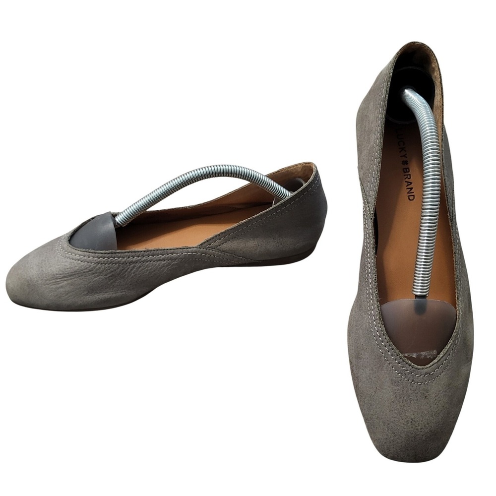 Lucky Brand Alba Gray Leather Square Toe Ballet Flats Minimalist Womens 7.5